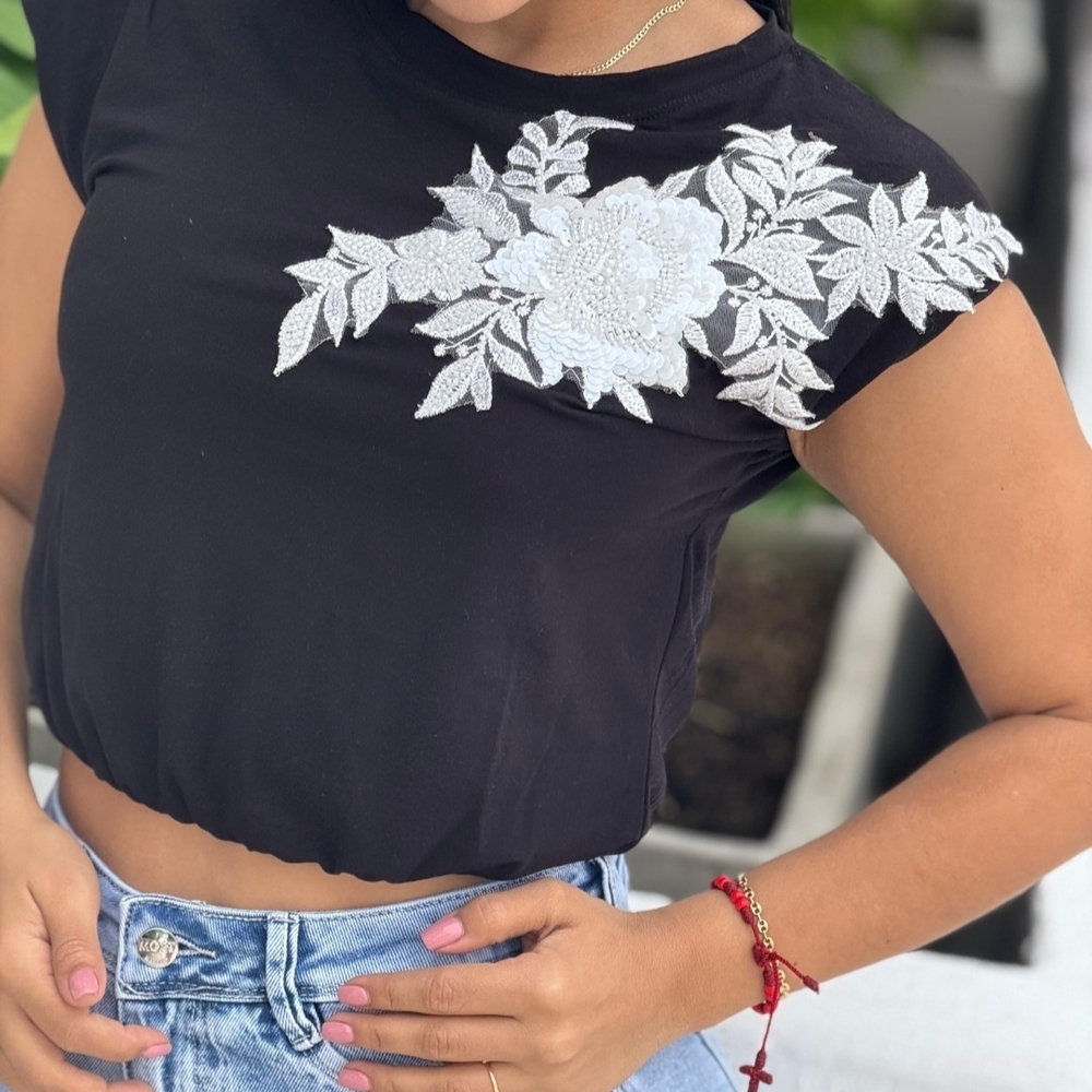 Black Floral Embroidered Women's Top